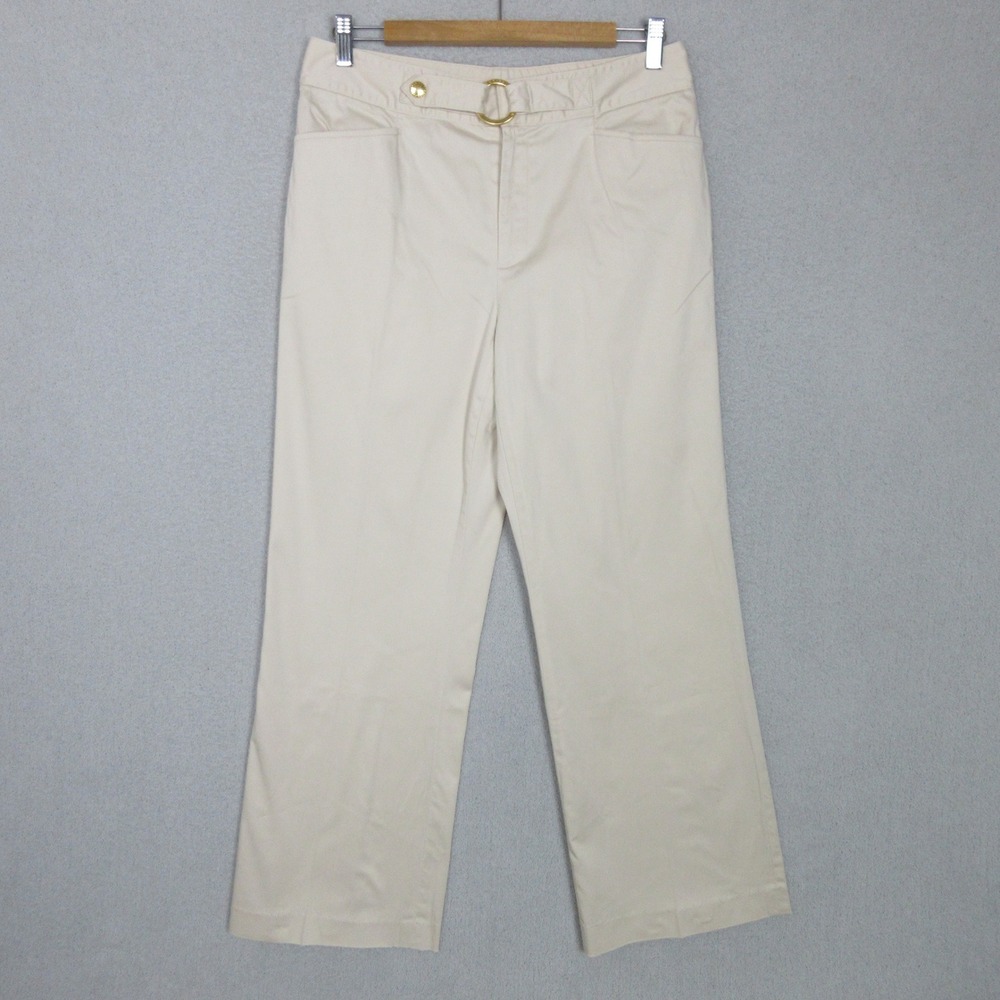 Lauren Ralph Lauren Women 8 Beige Wide Leg Trousers Gold O-Ring Belt Stretch